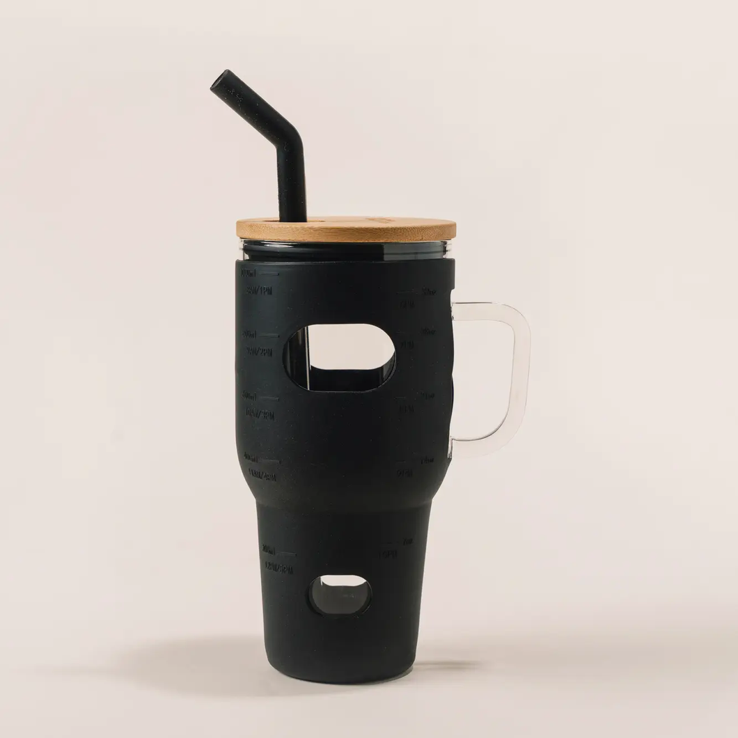 ECO NOW | Eco Tumbler - Glass Cup w/ Silicon Sleeve; Bamboo Lid & Silicon-Tip Metal Straw